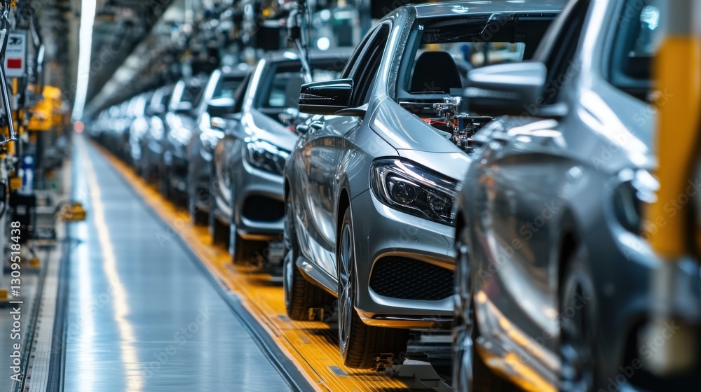 High-tech assembly line in a modern car dealership showcasing advanced vehicle production High-tech assembly line in a modern car dealership showcasing advanced vehicle production