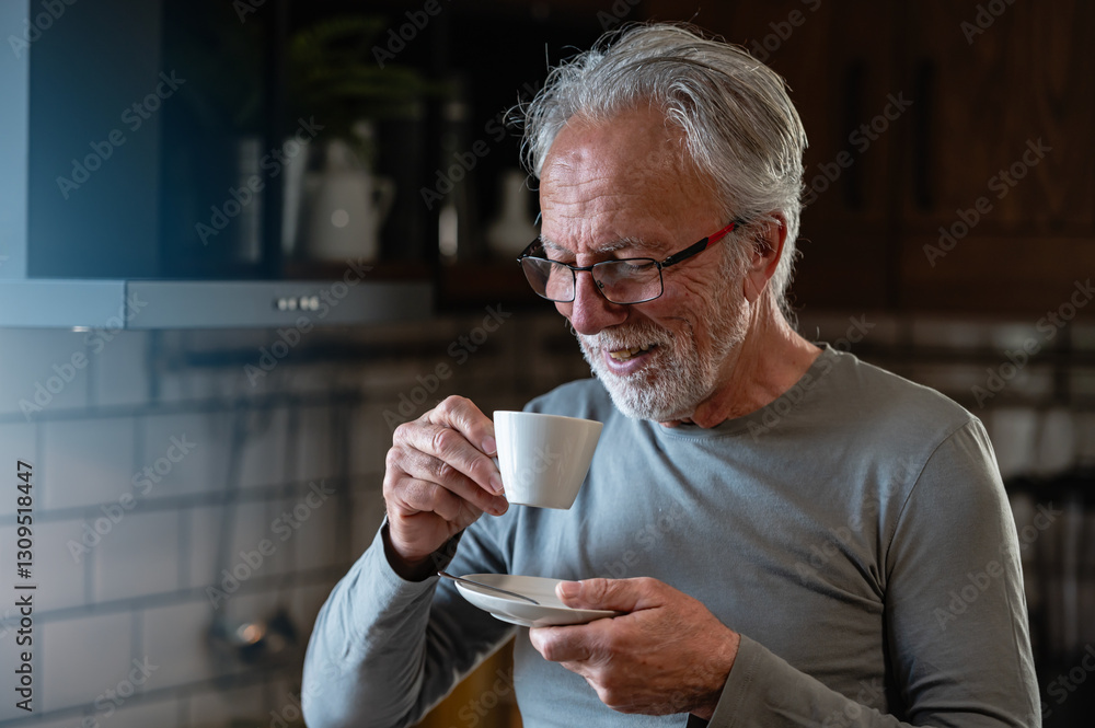 Elderly man with glasses and gray hair enjoys a cup of coffee in a cozy kitchen. He smiles warmly, savoring the moment, representing relaxation, comfort, and a peaceful morning routine. Elderly man with glasses and gray hair enjoys a cup of coffee in a cozy kitchen. He smiles warmly, savoring the moment, representing relaxation, comfort, and a peaceful morning routine.