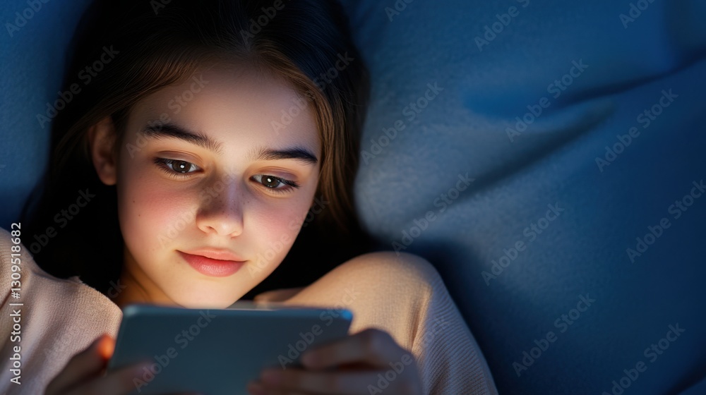 A teenage girl lying on her side in a dark bedroom, illuminated only by her smartphone screen as she reads an e-book. A teenage girl lying on her side in a dark bedroom, illuminated only by her smartphone screen as she reads an e-book.