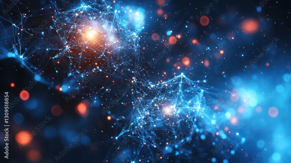 Obraz premium Glowing quantum particles entangled in deep space, futuristic physics visualization, quantum entanglement concept