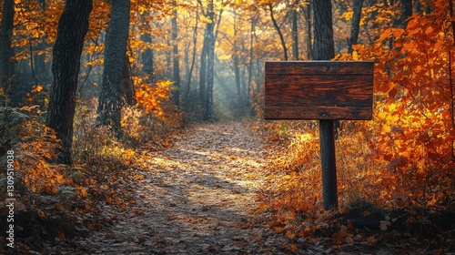 Autumn forest path with blank wooden sign