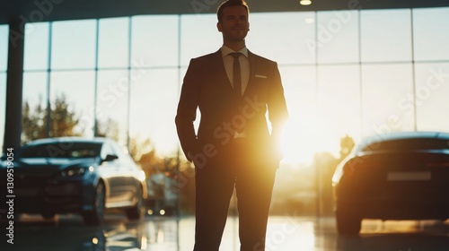 Car dealership executive overseeing luxury vehicles during sunset