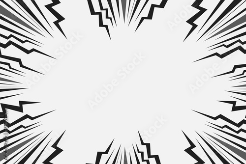 Speed lines in frame for manga comics book. Radial motion background with flash and lightning. Monochrome explosion and flash glow. Vector concentric textured illustration