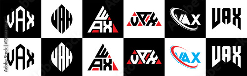 VAX letter logo design in six style. VAX polygon, circle, triangle, hexagon, flat and simple style with black and white color variation letter logo set in one artboard. VAX minimalist and classic logo