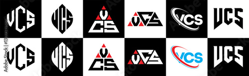 VCS letter logo design in six style. VCS polygon, circle, triangle, hexagon, flat and simple style with black and white color variation letter logo set in one artboard. VCS minimalist and classic logo