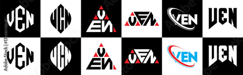 VEN letter logo design in six style. VEN polygon, circle, triangle, hexagon, flat and simple style with black and white color variation letter logo set in one artboard. VEN minimalist and classic logo