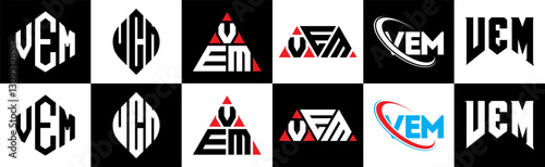 VEM letter logo design in six style. VEM polygon, circle, triangle, hexagon, flat and simple style with black and white color variation letter logo set in one artboard. VEM minimalist and classic logo