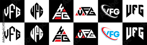 VFG letter logo design in six style. VFG polygon, circle, triangle, hexagon, flat and simple style with black and white color variation letter logo set in one artboard. VFG minimalist and classic logo