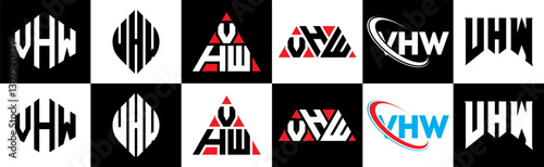 VHW letter logo design in six style. VHW polygon, circle, triangle, hexagon, flat and simple style with black and white color variation letter logo set in one artboard. VHW minimalist and classic logo