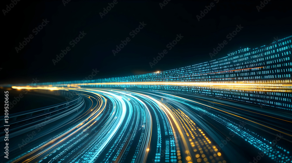 Fototapeta premium Abstract Digital Data Flowing with Blue and Orange Lights on Black Background