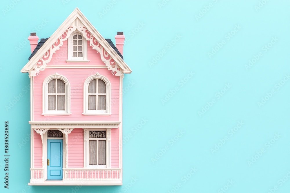 A charming pink dollhouse against a light blue background, showcasing intricate details and a welcoming door. A charming pink dollhouse against a light blue background, showcasing intricate details and a welcoming door.