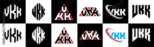 VKK letter logo design in six style. VKK polygon, circle, triangle, hexagon, flat and simple style with black and white color variation letter logo set in one artboard. VKK minimalist and classic logo