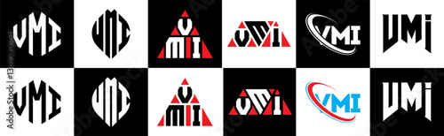 VMI letter logo design in six style. VMI polygon, circle, triangle, hexagon, flat and simple style with black and white color variation letter logo set in one artboard. VMI minimalist and classic logo