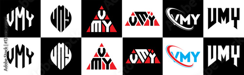 VMY letter logo design in six style. VMY polygon, circle, triangle, hexagon, flat and simple style with black and white color variation letter logo set in one artboard. VMY minimalist and classic logo