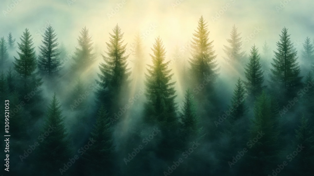 Fototapeta premium Warm golden rays pierce through the thick branches of towering spruce trees, illuminating the swirling morning mist