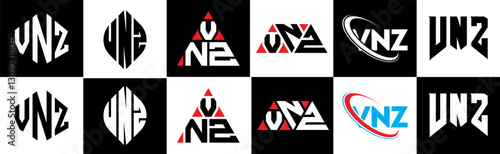 VNZ letter logo design in six style. VNZ polygon, circle, triangle, hexagon, flat and simple style with black and white color variation letter logo set in one artboard. VNZ minimalist and classic logo