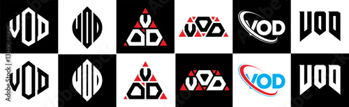 VOD letter logo design in six style. VOD polygon, circle, triangle, hexagon, flat and simple style with black and white color variation letter logo set in one artboard. VOD minimalist and classic logo