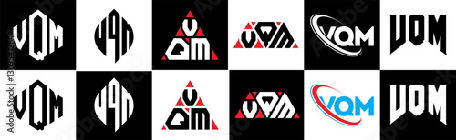 VQM letter logo design in six style. VQM polygon, circle, triangle, hexagon, flat and simple style with black and white color variation letter logo set in one artboard. VQM minimalist and classic logo