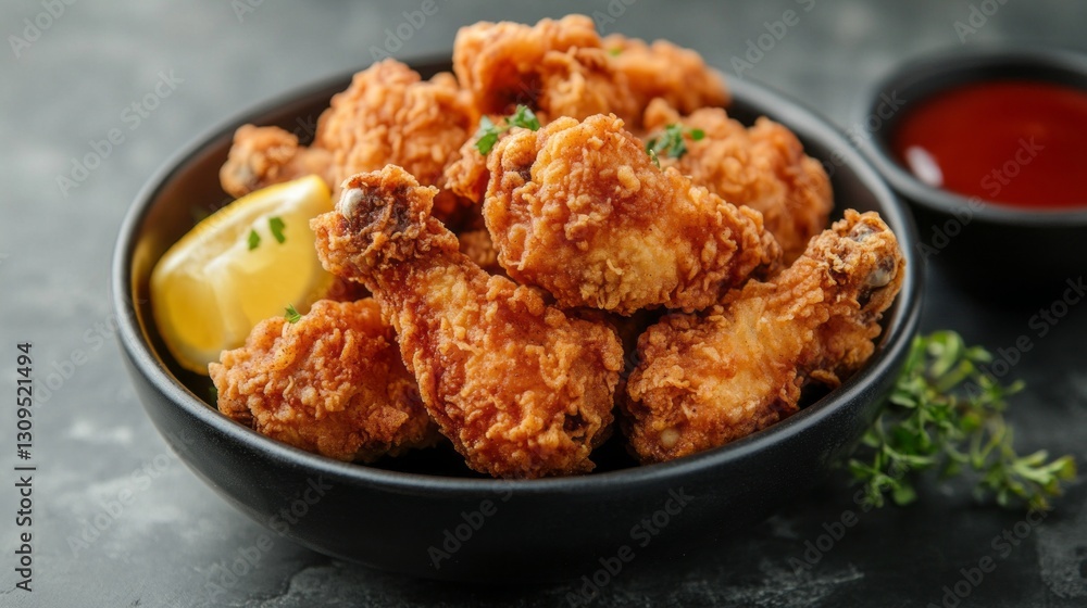 A delicious bowl of golden-brown fried chicken sits invitingly, accompanied by a slice of lemon and rich dipping sauce. Perfect for a casual meal anytime A delicious bowl of golden-brown fried chicken sits invitingly, accompanied by a slice of lemon and rich dipping sauce. Perfect for a casual meal anytime