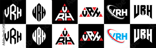 VRH letter logo design in six style. VRH polygon, circle, triangle, hexagon, flat and simple style with black and white color variation letter logo set in one artboard. VRH minimalist and classic logo