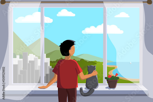 Boy and a cat looking outside of window, the sea and the landscape.