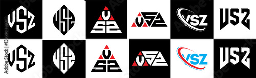 VSZ letter logo design in six style. VSZ polygon, circle, triangle, hexagon, flat and simple style with black and white color variation letter logo set in one artboard. VSZ minimalist and classic logo