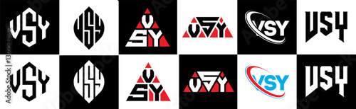 VSY letter logo design in six style. VSY polygon, circle, triangle, hexagon, flat and simple style with black and white color variation letter logo set in one artboard. VSY minimalist and classic logo