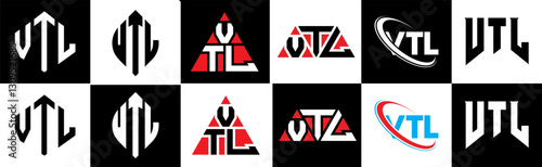 VTL letter logo design in six style. VTL polygon, circle, triangle, hexagon, flat and simple style with black and white color variation letter logo set in one artboard. VTL minimalist and classic logo