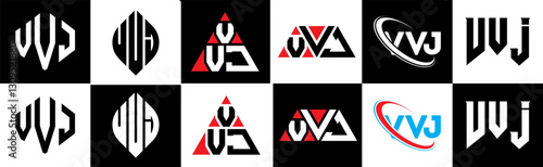 VVJ letter logo design in six style. VVJ polygon, circle, triangle, hexagon, flat and simple style with black and white color variation letter logo set in one artboard. VVJ minimalist and classic logo