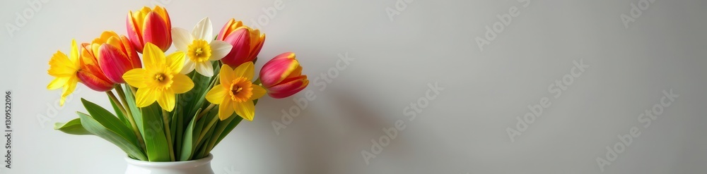 Vibrant tulips, daffodils, hyacinths in a ceramic vase , bright, close-up Vibrant tulips, daffodils, hyacinths in a ceramic vase , bright, close-up