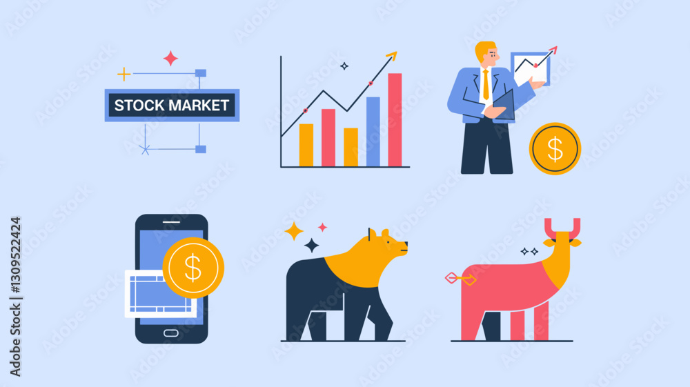 Naklejka premium Vector Icon Set for Stock Market, Financial Growth, Trading Strategies, Bull and Bear Markets, Investment Tools, and Mobile Finance Solutions
