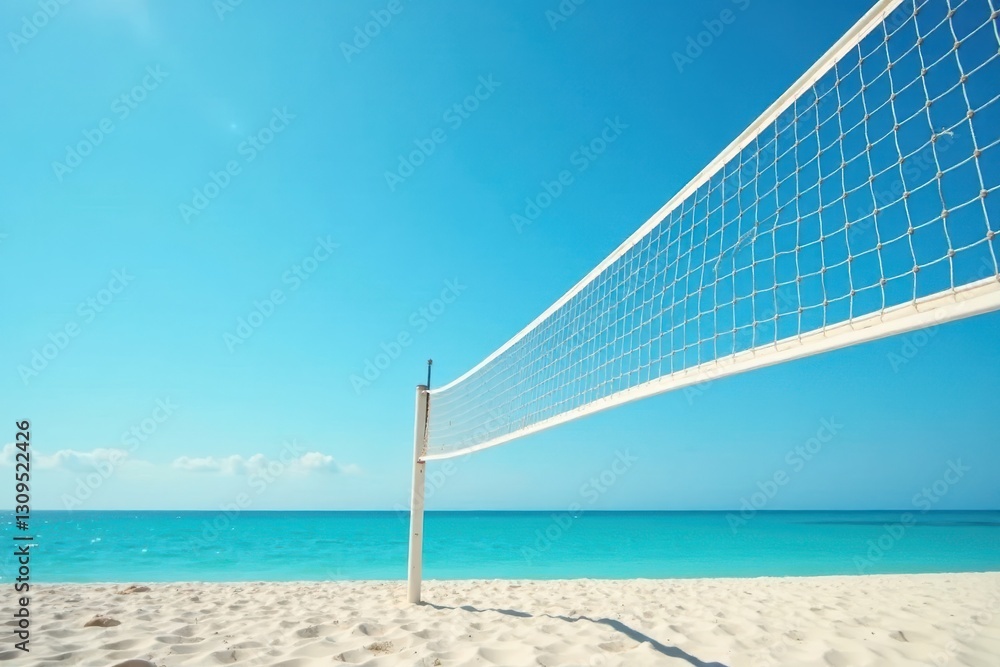Volleyball net stands tall, white against blue sky, beach setting, sunshine, beach, holiday Volleyball net stands tall, white against blue sky, beach setting, sunshine, beach, holiday