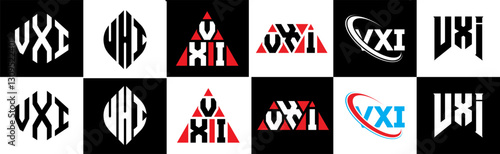 VXI letter logo design in six style. VXI polygon, circle, triangle, hexagon, flat and simple style with black and white color variation letter logo set in one artboard. VXI minimalist and classic logo
