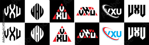 VXU letter logo design in six style. VXU polygon, circle, triangle, hexagon, flat and simple style with black and white color variation letter logo set in one artboard. VXU minimalist and classic logo