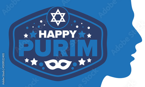 Purim. Happy Purim. Traditional Jewish religious holiday. Star of David, Carnival mask. Israel history. Сelebrated by a masquerade and festival. Poster art. Vector illustration