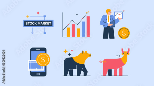Vector Icon Set for Stock Market, Financial Growth, Trading Strategies, Bull and Bear Markets, Investment Tools, and Mobile Finance Solutions