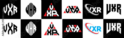 VXR letter logo design in six style. VXR polygon, circle, triangle, hexagon, flat and simple style with black and white color variation letter logo set in one artboard. VXR minimalist and classic logo