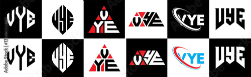 VYE letter logo design in six style. VYE polygon, circle, triangle, hexagon, flat and simple style with black and white color variation letter logo set in one artboard. VYE minimalist and classic logo
