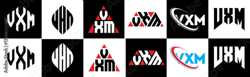 VXM letter logo design in six style. VXM polygon, circle, triangle, hexagon, flat and simple style with black and white color variation letter logo set in one artboard. VXM minimalist and classic logo
