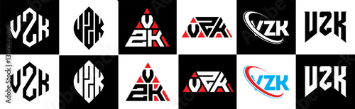 VZK letter logo design in six style. VZK polygon, circle, triangle, hexagon, flat and simple style with black and white color variation letter logo set in one artboard. VZK minimalist and classic logo