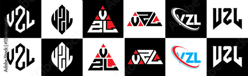 VZL letter logo design in six style. VZL polygon, circle, triangle, hexagon, flat and simple style with black and white color variation letter logo set in one artboard. VZL minimalist and classic logo