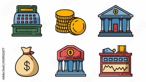 Finance vector icons set featuring cash register, coins, bank buildings, money bag, and stock market symbols for financial themes and designs