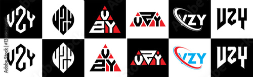 VZY letter logo design in six style. VZY polygon, circle, triangle, hexagon, flat and simple style with black and white color variation letter logo set in one artboard. VZY minimalist and classic logo
