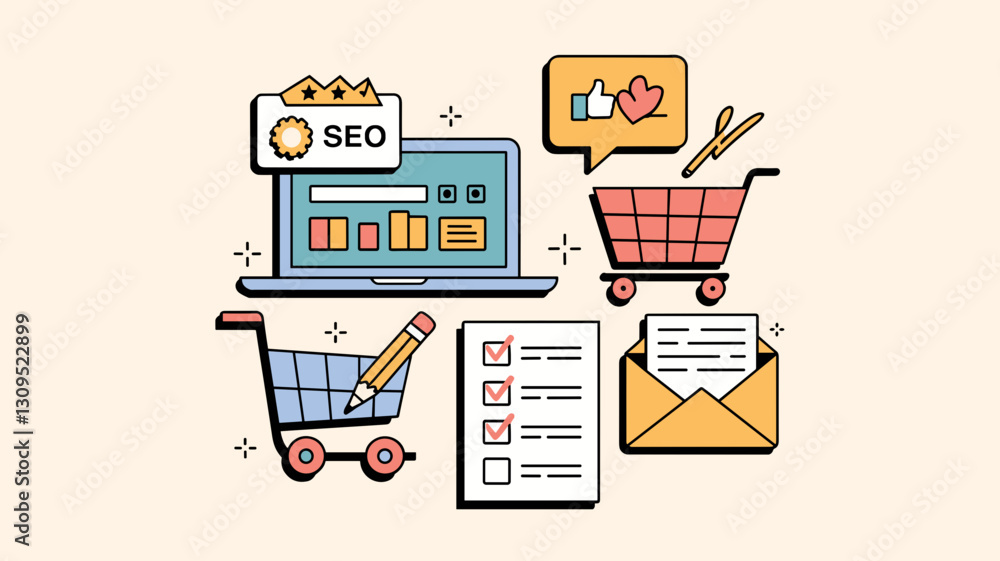 Vector Icon Set for E-commerce, SEO, Digital Marketing, Shopping Carts, and Online Business Communication Elements Vector Icon Set for E-commerce, SEO, Digital Marketing, Shopping Carts, and Online Business Communication Elements