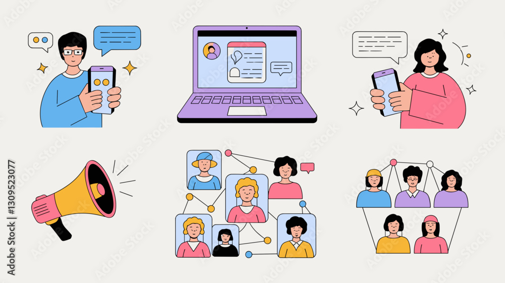 Vector Icon Set for Social Media Communication, Online Networking, Digital Devices, Messaging Apps, and Community Engagement Illustrations Vector Icon Set for Social Media Communication, Online Networking, Digital Devices, Messaging Apps, and Community Engagement Illustrations