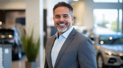 Professional man showcasing modern car dealership with excellent customer service