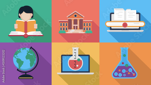Education Vector Icon Set Featuring Books, Globe, Science, and Learning Elements for Creative Projects and Websites in Modern Flat Design
