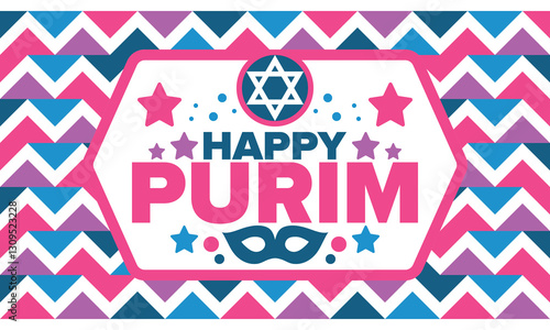 Purim. Happy Purim. Traditional Jewish religious holiday. Star of David, Carnival mask. Israel history. Сelebrated by a masquerade and festival. Poster art. Vector illustration