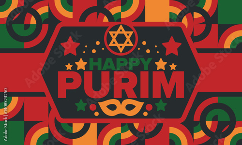 Purim. Happy Purim. Traditional Jewish religious holiday. Star of David, Carnival mask. Israel history. Сelebrated by a masquerade and festival. Poster art. Vector illustration