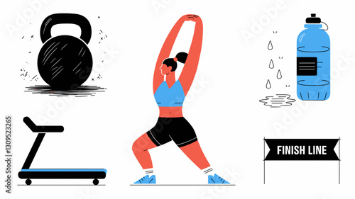 Vector Icon Set for Fitness and Exercise: Kettlebell, Treadmill, Water Bottle, Yoga Pose, and Finish Line Illustrations for Health and Wellness Projects